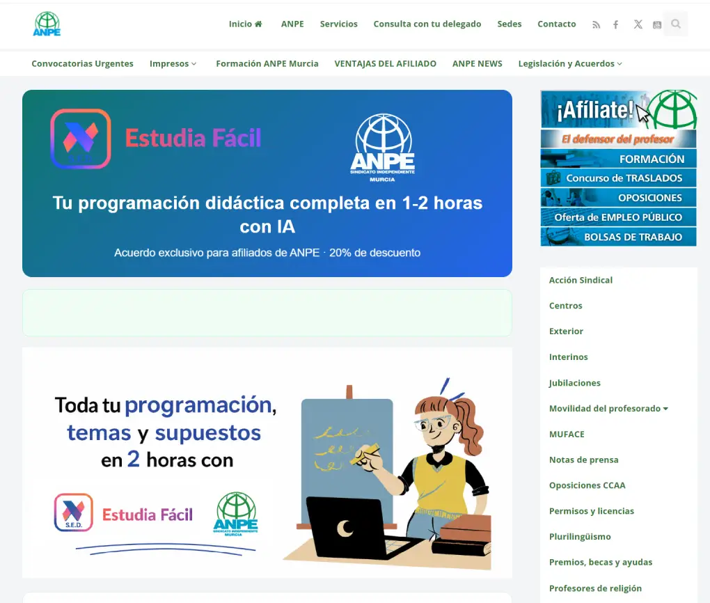 Banner del acuerdo entre EstudiaFacil y ANPE Murcia publicado en la web oficial de ANPE Murcia