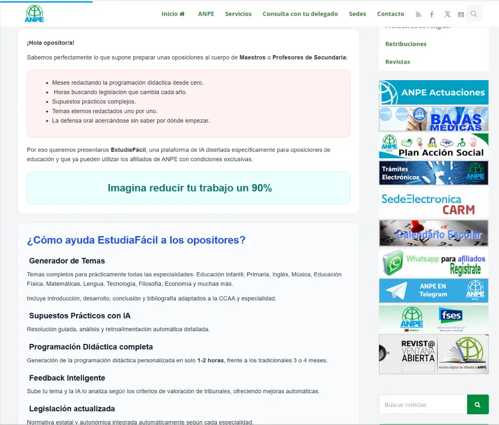Presentación detallada de EstudiaFacil publicada por ANPE Murcia: pain points del opositor y descripción de las funcionalidades de la plataforma