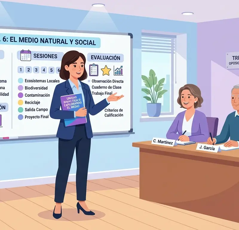 Opositora exponiendo su unidad didáctica ante el tribunal de la oposición