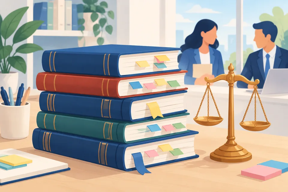 Pila de códigos legales con marcadores de colores junto a una pequeña balanza de la justicia