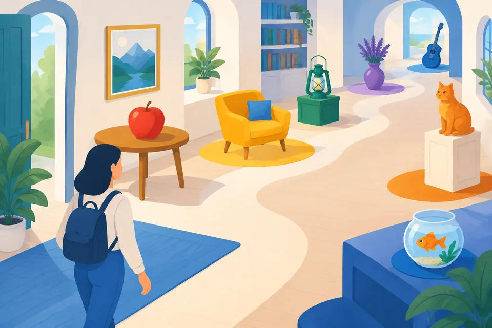 Habitación con objetos de colores colocados a lo largo de un recorrido, como técnica de memoria por asociación